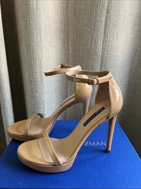 Stuart Weitzman Nudist Disco Patent Ankle-Strap Heels☀️🍷🦩SIZE 8 NARROW